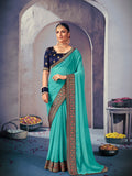 Turquoise Blue Georgette Ready To Wear Saree With Blouse Piece