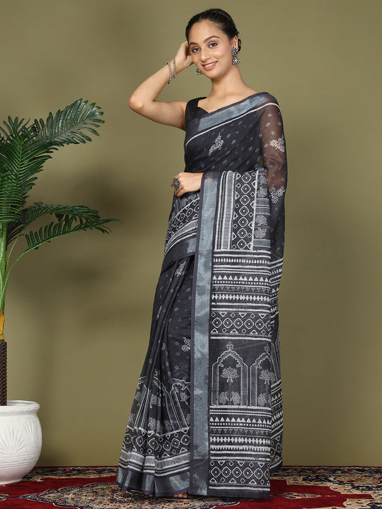 Black Cotton Saree With Blouse Piece