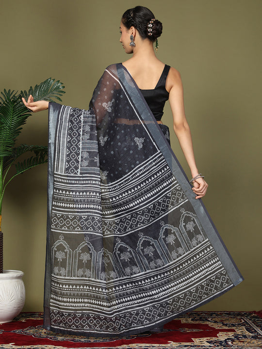 Black Cotton Saree With Blouse Piece