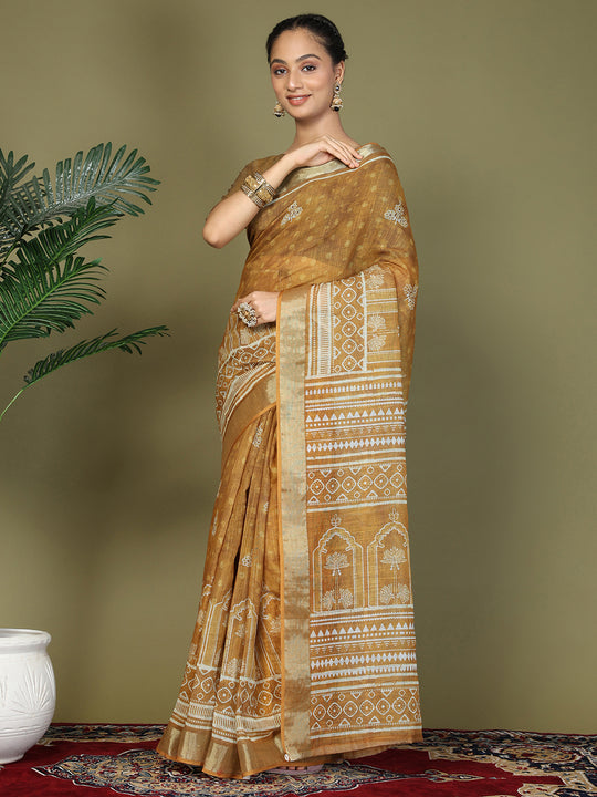 Golden Cotton Saree With Blouse Piece