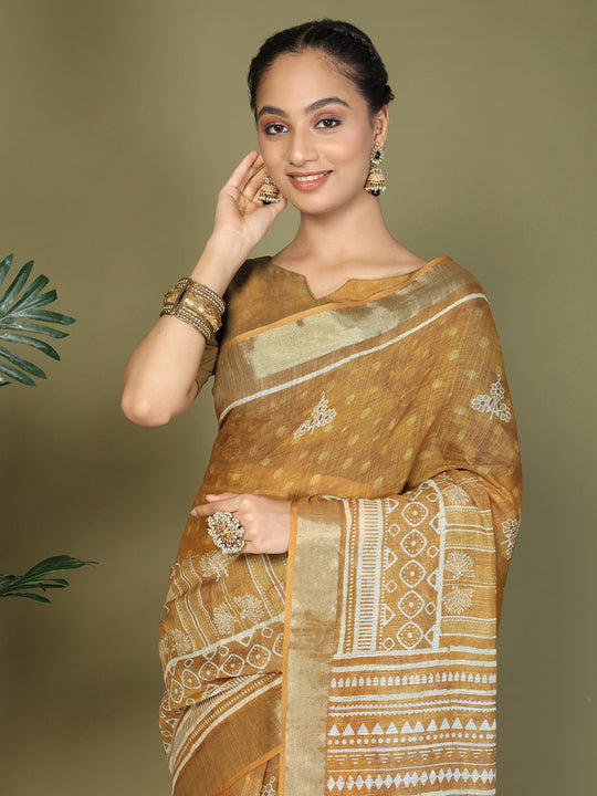 Golden Cotton Saree With Blouse Piece