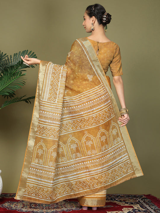 Golden Cotton Saree With Blouse Piece