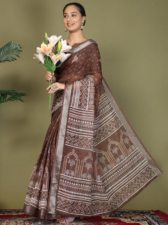 Brown Cotton Saree With Blouse Piece