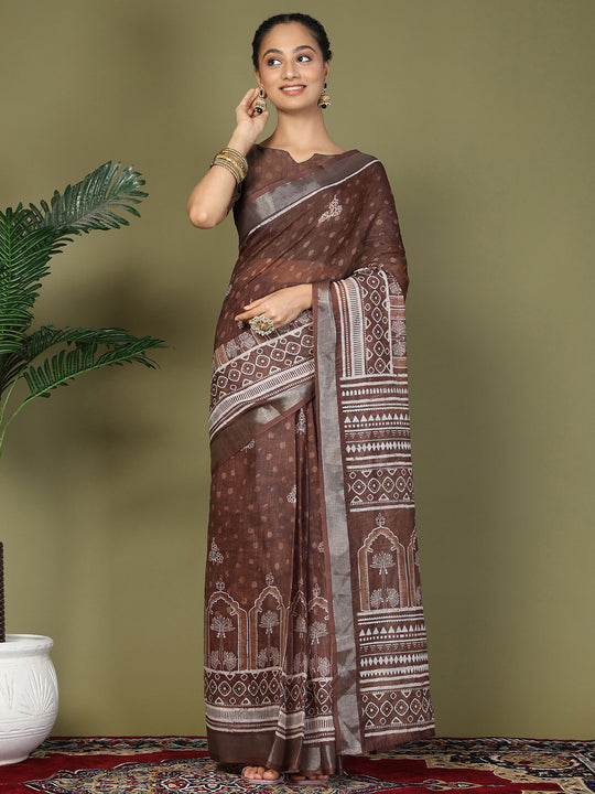 Brown Cotton Saree With Blouse Piece