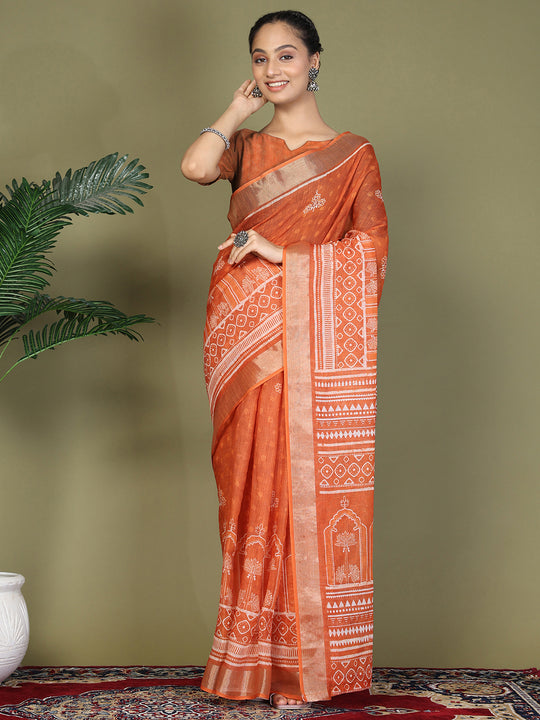 Orange Cotton Saree With Blouse Piece