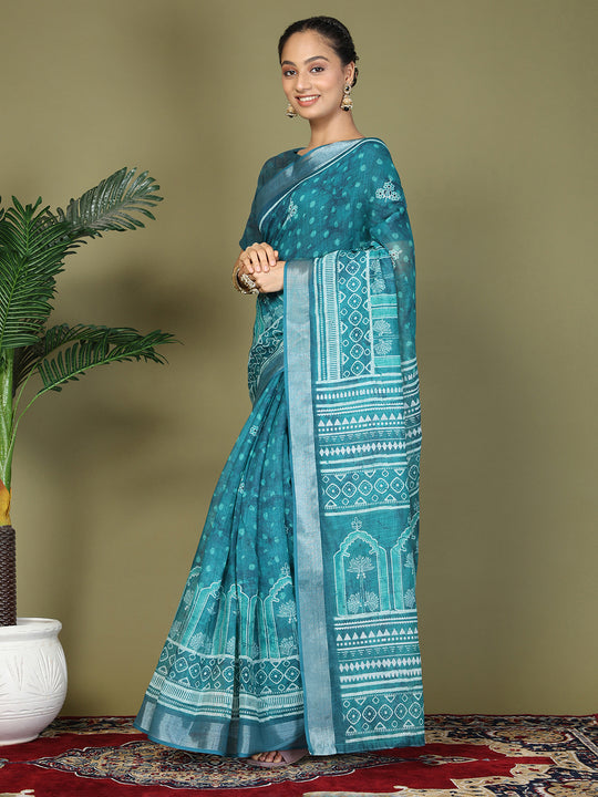 Sea Green Cotton Saree With Blouse Piece