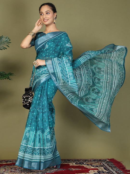 Sea Green Cotton Saree With Blouse Piece