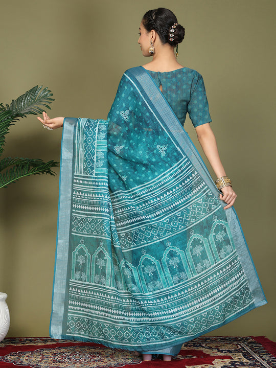 Sea Green Cotton Saree With Blouse Piece