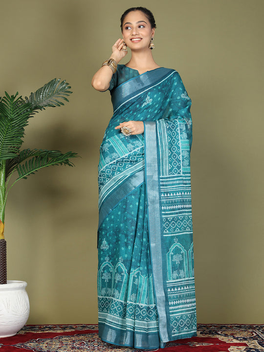 Sea Green Cotton Saree With Blouse Piece