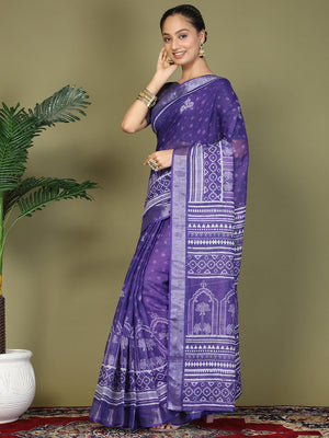 Violet Cotton Saree With Blouse Piece