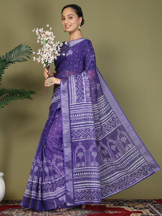 Violet Cotton Saree With Blouse Piece