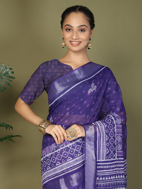 Violet Cotton Saree With Blouse Piece