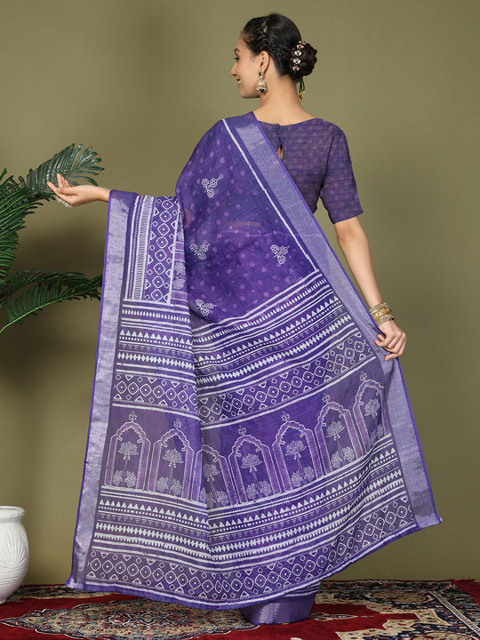 Violet Cotton Saree With Blouse Piece