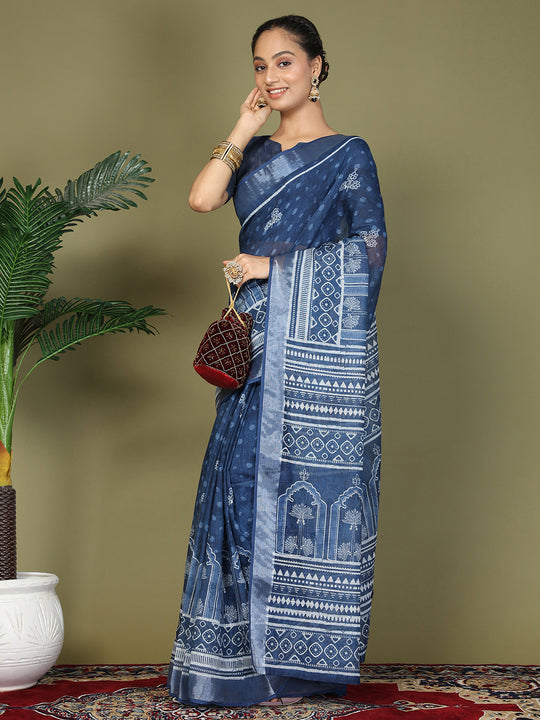 Blue Cotton Saree With Blouse Piece