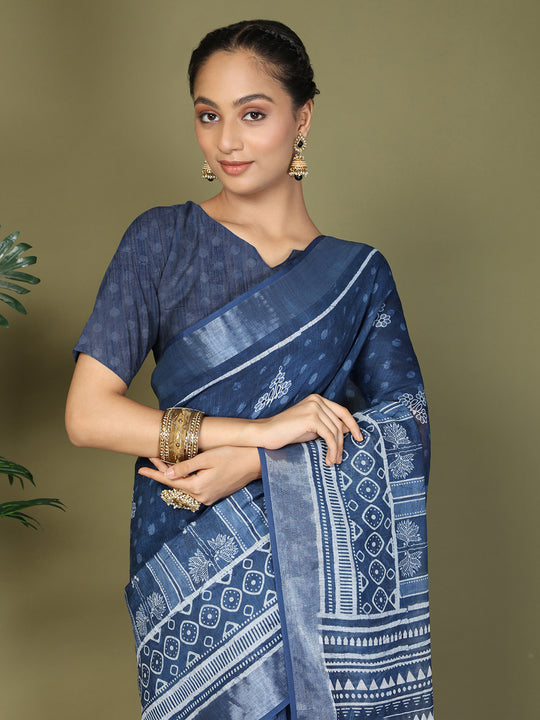 Blue Cotton Saree With Blouse Piece