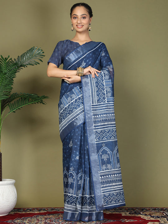 Blue Cotton Saree With Blouse Piece
