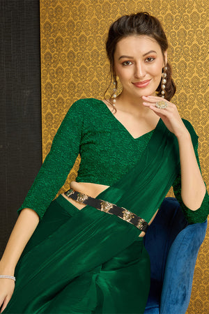 Green Organza Ready To Wear Saree With Blouse Piece