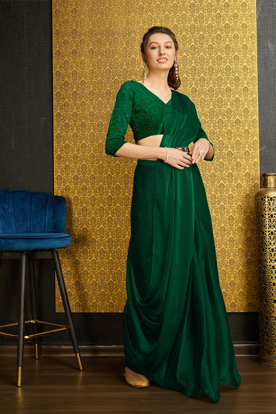 Green Organza Ready To Wear Saree With Blouse Piece