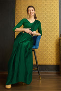 Green Organza Ready To Wear Saree With Blouse Piece