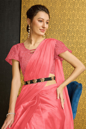 Pink Organza Ready To Wear Saree With Blouse Piece