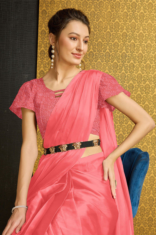 Pink Organza Ready To Wear Saree With Blouse Piece