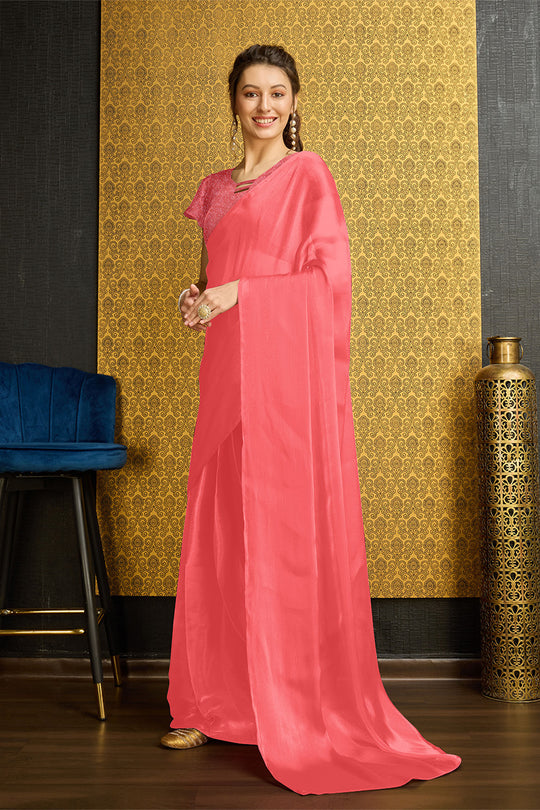 Pink Organza Ready To Wear Saree With Blouse Piece