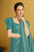 Teal Organza Ready To Wear Saree With Blouse Piece