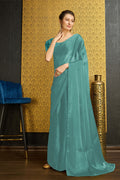 Teal Organza Ready To Wear Saree With Blouse Piece