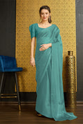 Teal Organza Ready To Wear Saree With Blouse Piece