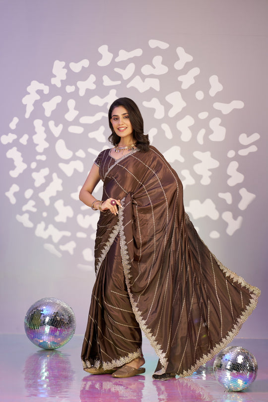Ready To Wear Fancy Crepe Embroidered Saree With Embroidered Blouse Piece
