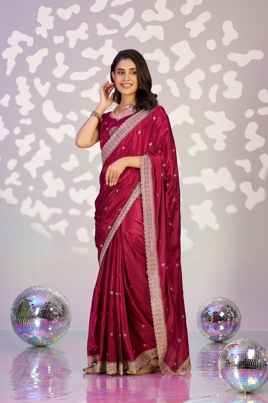 Ready To Wear Fancy Crepe Embroidered Saree With Embroidered Blouse Piece
