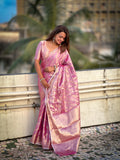 Pink Banarasi Silk Blend Saree With Blouse Piece
