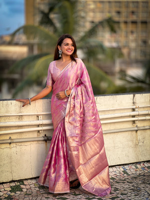 Pink Banarasi Silk Blend Saree With Blouse Piece