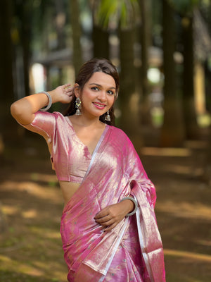 Pink Banarasi Silk Blend Saree With Blouse Piece
