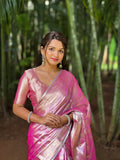 Pink Banarasi Silk Blend Saree With Blouse Piece