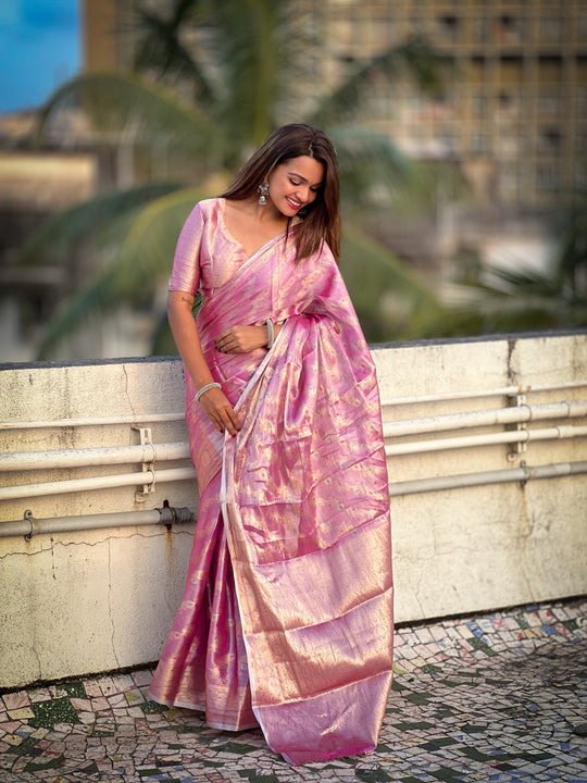 Pink Banarasi Silk Blend Saree With Blouse Piece