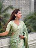 Pista Banarasi Silk Blend Saree With Blouse Piece