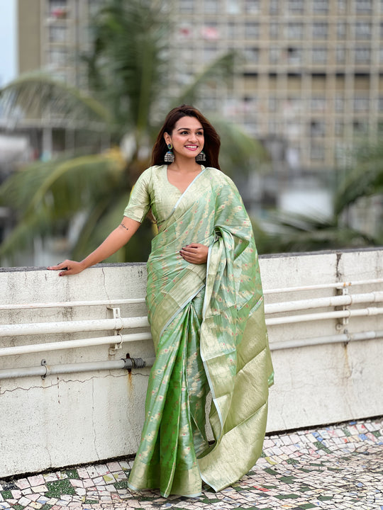 Pista Banarasi Silk Blend Saree With Blouse Piece