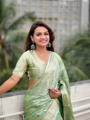 Pista Banarasi Silk Blend Saree With Blouse Piece