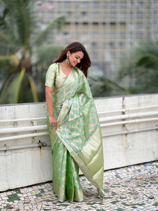 Pista Banarasi Silk Blend Saree With Blouse Piece