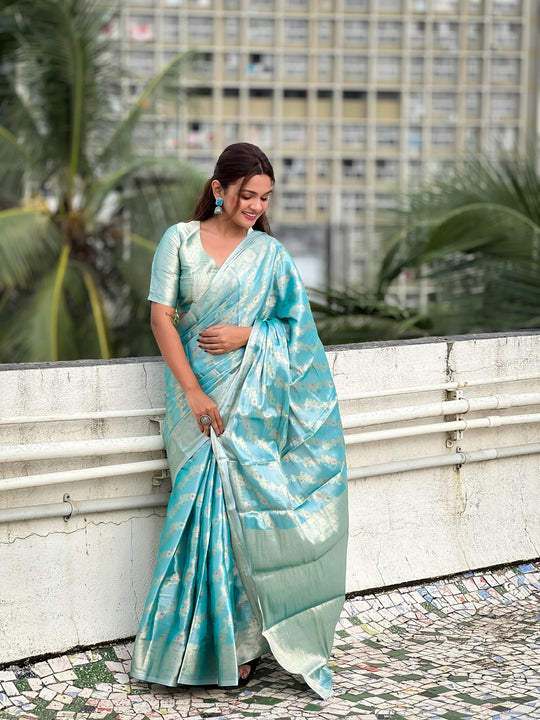 Sky Banarasi Silk Blend Saree With Blouse Piece