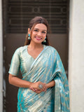 Sky Banarasi Silk Blend Saree With Blouse Piece
