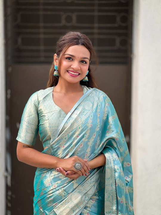 Sky Banarasi Silk Blend Saree With Blouse Piece