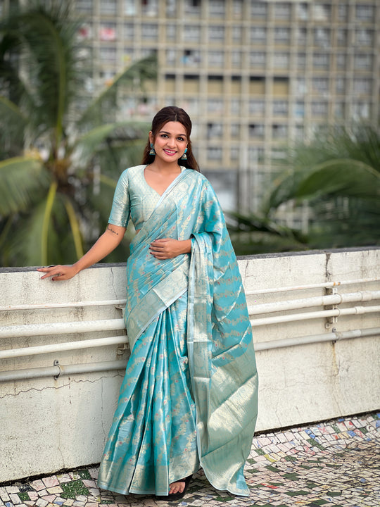 Sky Banarasi Silk Blend Saree With Blouse Piece