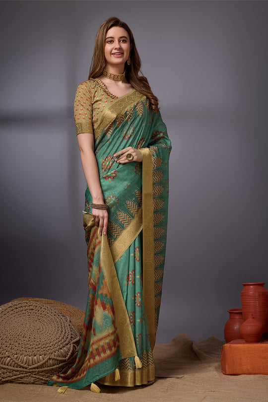 Sea Green Cotton Silk Saree With Blouse Piece