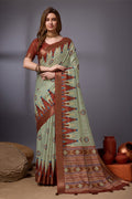 Sea Green Cotton Silk Saree With Blouse Piece