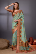 Blue Cotton Silk Saree With Blouse Piece