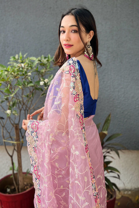 Lavender Organza Saree with Blue Blouse Piece