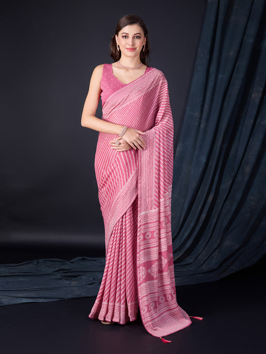 Pink Poly Georgette Saree With Blouse Piece