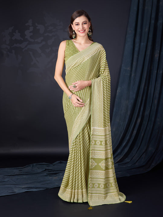 Light Green Poly Georgette Saree With Blouse Piece